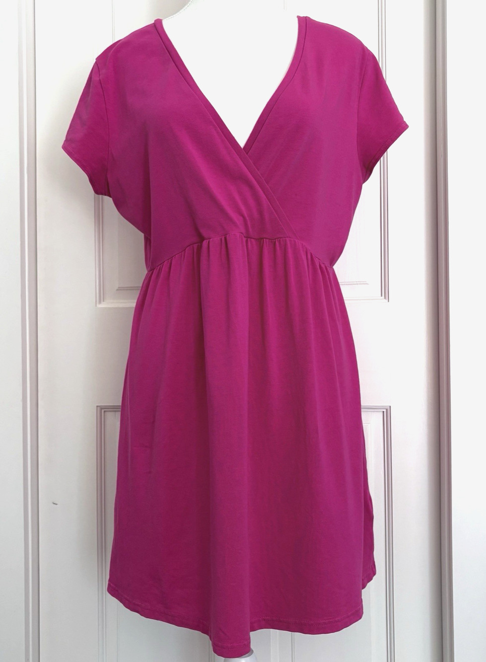Garnet Hill Pink Surplice VNeck Short Sleeve Mini Dress Tunic Babydoll Comfort L